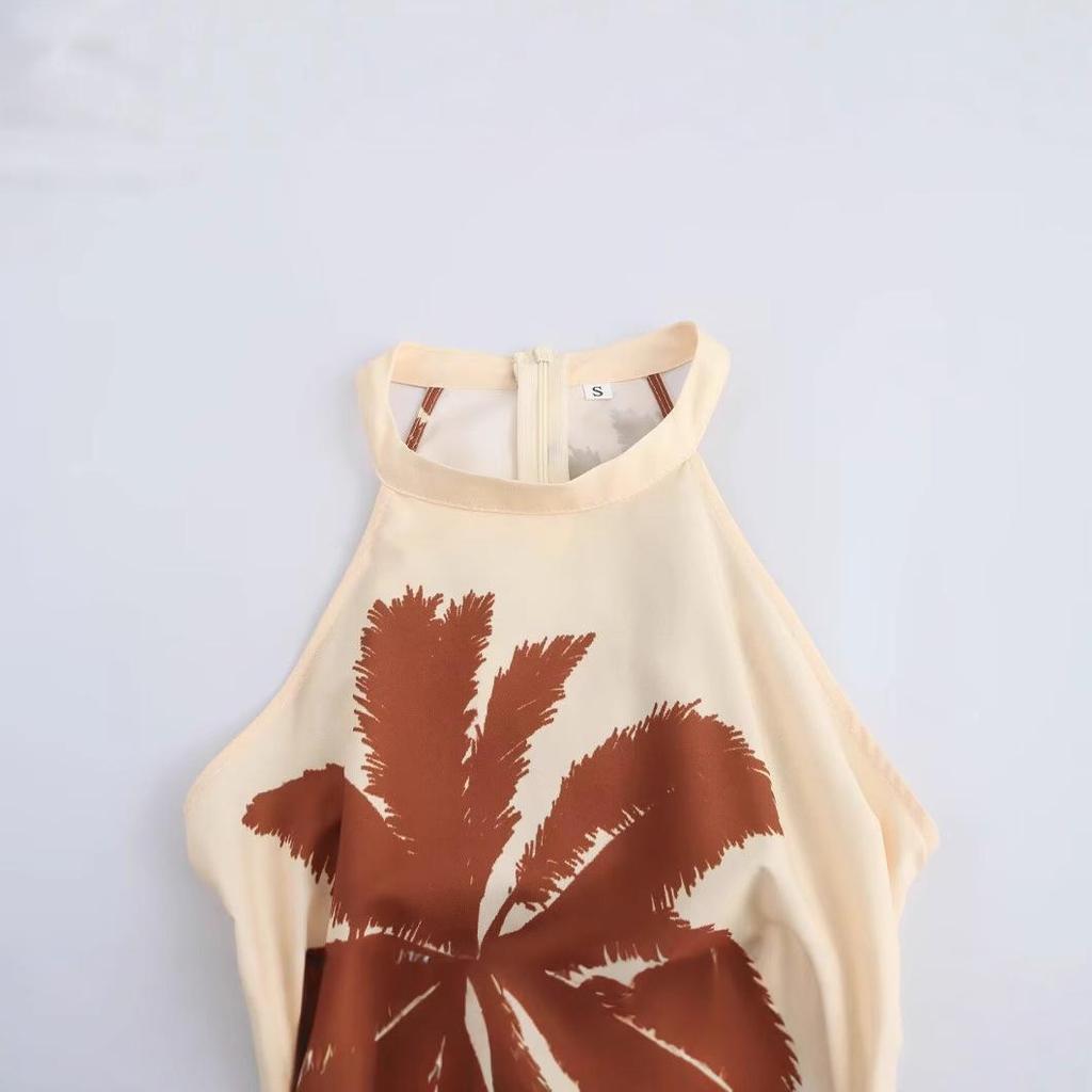 2025 Spring Women's European/American Style Coconut Tree Print Halter Dress