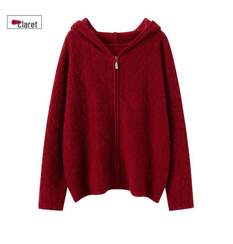 Women's Retro Cashmere Hooded Knit Sweater - Autumn/Winter Loose Zip Cardigan