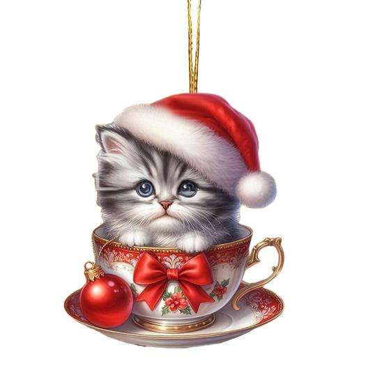 Acrylic Teacup Cat Hanging Ornaments Cute Cartoon Cat Christmas Ornament 2D Flat Car Mirror Charm for Christmas Tree Decoration KTY