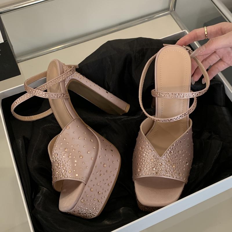 Eilyken New Design Crystal Shallow Square Toe Woman Sandals Sexy High Heels Ankle Buckle Strap Party Banquet Shoes