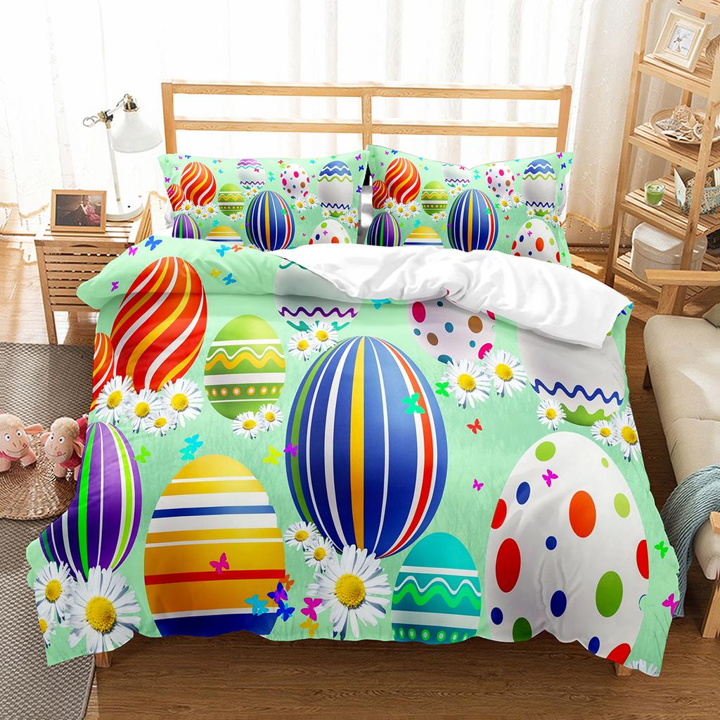 Cartoon Rabbit Duvet Cover Set Twin Queen Colorful Eggs Bedding Set Microfiber Floral Comforter Cover For Girls Boys Easter Gift