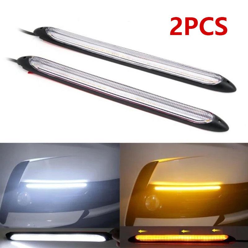 

2PCS Car DRL LED Daytime Running Light Flow Yellow Turn Signal White Auto Headlight Strip Flashing Signal Lamp 12v Universal 15.5CM