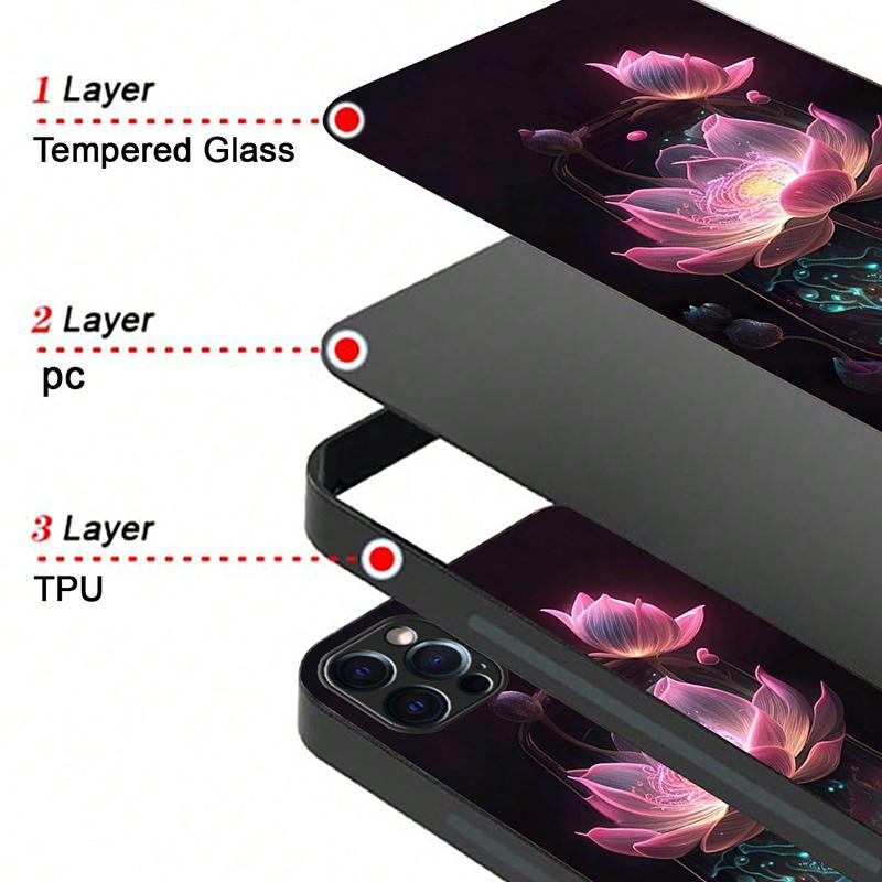 Luxury Lotus Flower Print Glass Phone Case For iPhone 11 12 13 14 15 16 17 Pro Max 16E 17Air 7 8 Plus XR XS X Shockproof Cover