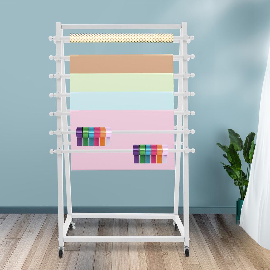 Double-Sided 15-Tier Ribbon and Scarf Organizer Rack, White Steel Fabric Storage Display Stand, 30kg Capacity for Craft Room