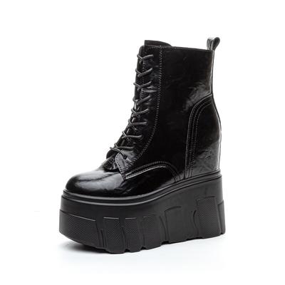 Fashion New 14CM Cow Genuine Leather Autumn Winter Plush Warm Platform Wedge Hidden Heel Sneakers Chunky Super High Heels Women Shoes