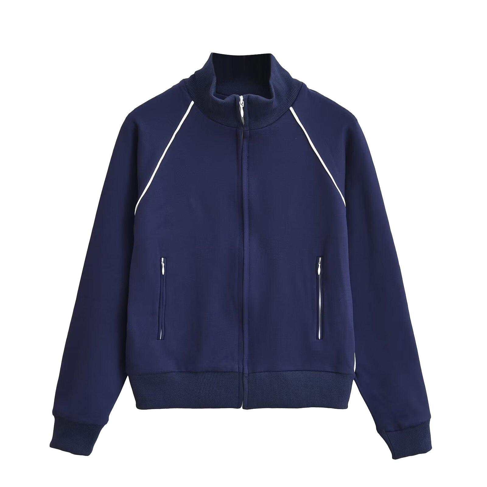 

Women s Stand Up Collar Zipper Sports Casual Short Jacket Long Sleeved Cardigan Jacket M тёмно-синий