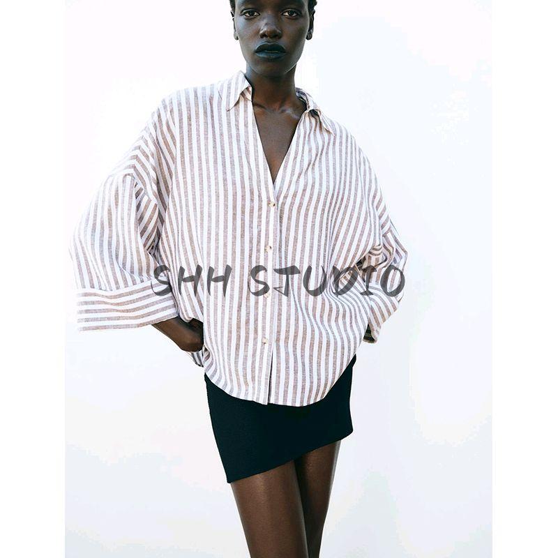 Spring New Women's Clothing French Simplicity Style Light Spring Linen Blended Wide Sleeve Plaid Shirt 2340939