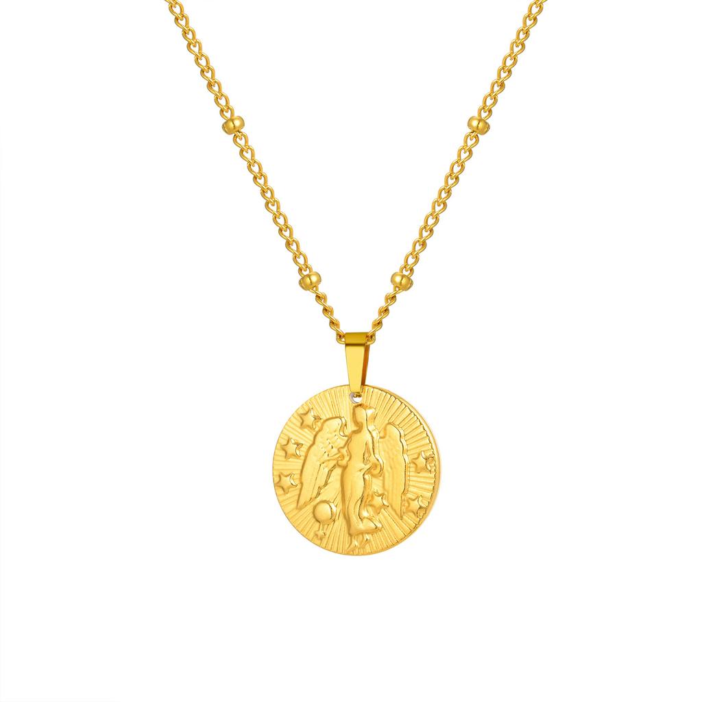 Stainless Steel Button Chain Bead Chain Twelve Constellations Alloy Relief Round Card Design Sense Necklace Nc-1966