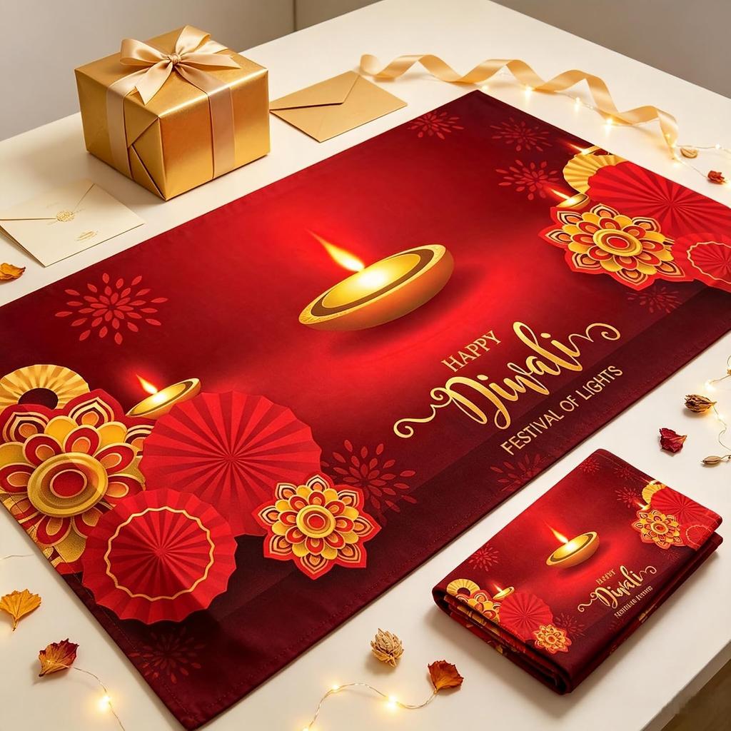 Happy Diwali Diya Red Golden Rectangle Tablecloth for Table Decor Reusable Farmhouse Kitchen Dining Tablecloth Diwali Decoration