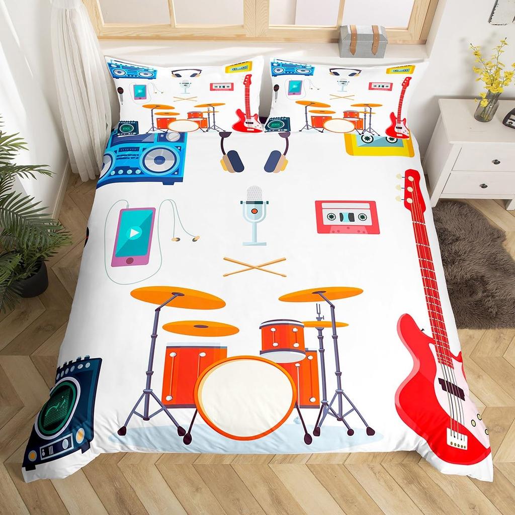 Drum Kit Duvet Cover Sets For Kids Boys Teens Queen Lightweight Quilt Covers Classical Music Bedding Set Room Decor No Comforter