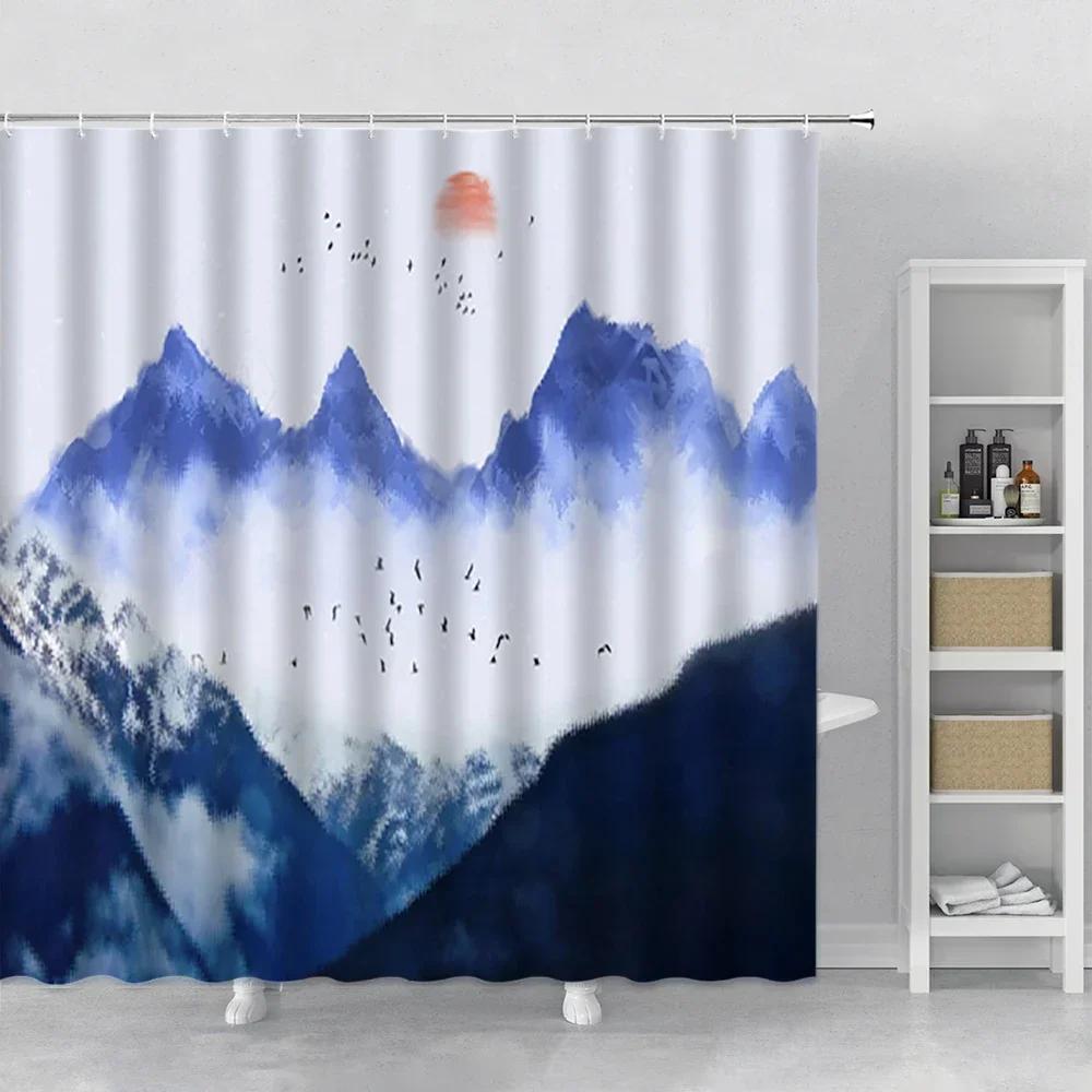 Asian Shower Curtains Sets Natural Cherry Flowers Trees Chinese Japanese Ink Painting Curtain For Bathroom Sakura Fabric Decor