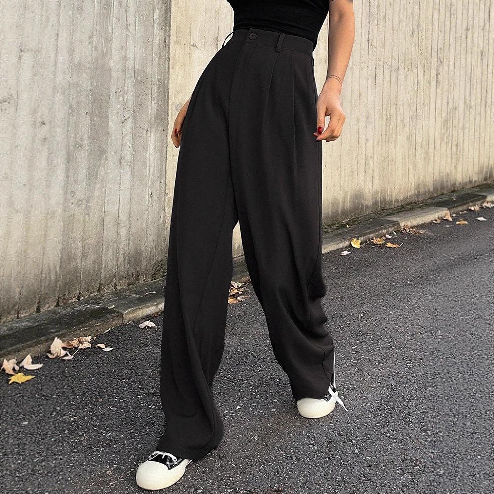 Women's High Rise Wide Leg Pants Loose Fit American Trend Drapey Straight Leg Pocket Polyester Casual Long Trousers