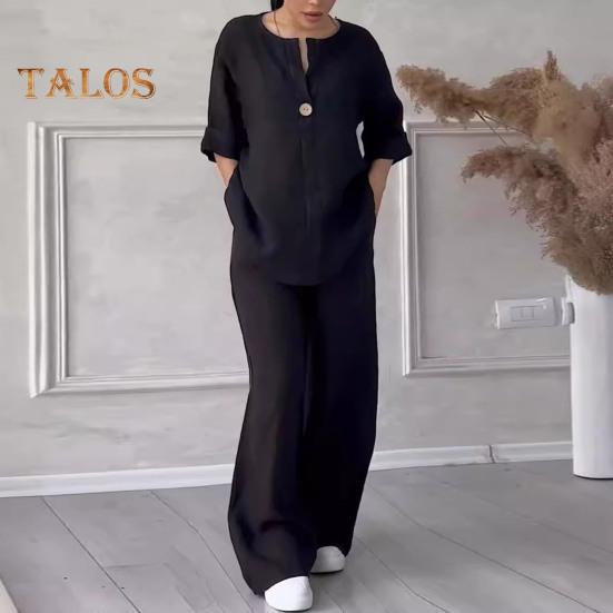 2 pièces/ensemble chemisier pantalon ensemble col en V manches longues bouton décor haut jambe large cordon de serrage taille élastique pantalon OL Commute décontracté tenue de maison