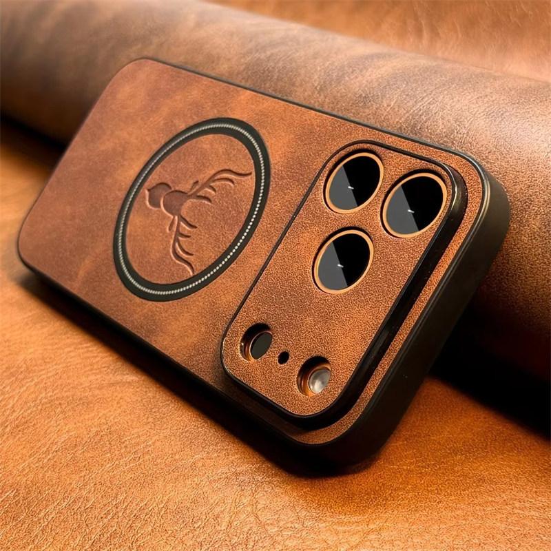 Luxury PU Leather Deer Case for IPhone 17 Air 16 15 14 13 12 11 Pro Max Plus 16E for Magsafe Wireless Charge Shockproof Cover