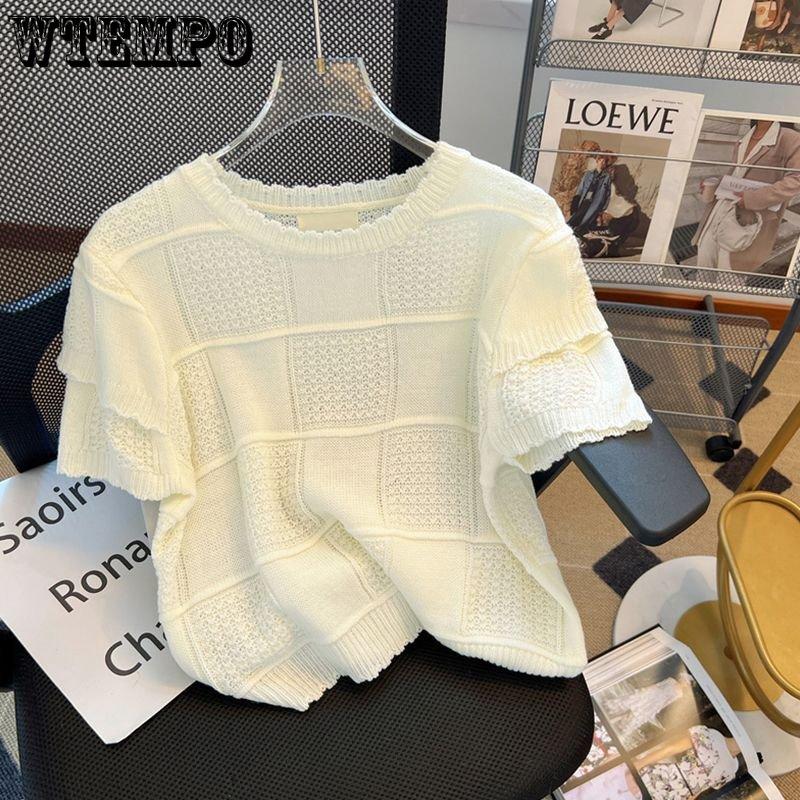 

High Sense of French трикотажная рубашка с короткими рукавами, женская летняя мода, повседневные однотонные топы с баской в ​​шахматном порядке, шикарные топы на подкладке S белый