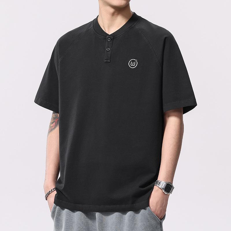 

Summer New Thin American Retro Henry Neck Embroidered Short Sleeve T-shirt for Men Summer 4XL