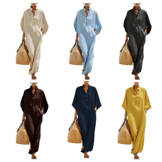 Summer Stand Collar Maxi Dress for Women Half Sleeve Button Up V Neck Long Dress Loose Flowy Beach Sundress with Pockets