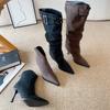F868-3 Removable two-wear 2025 new autumn and winter high-heeled boots women's pointed thin heels thin boots belt buckle