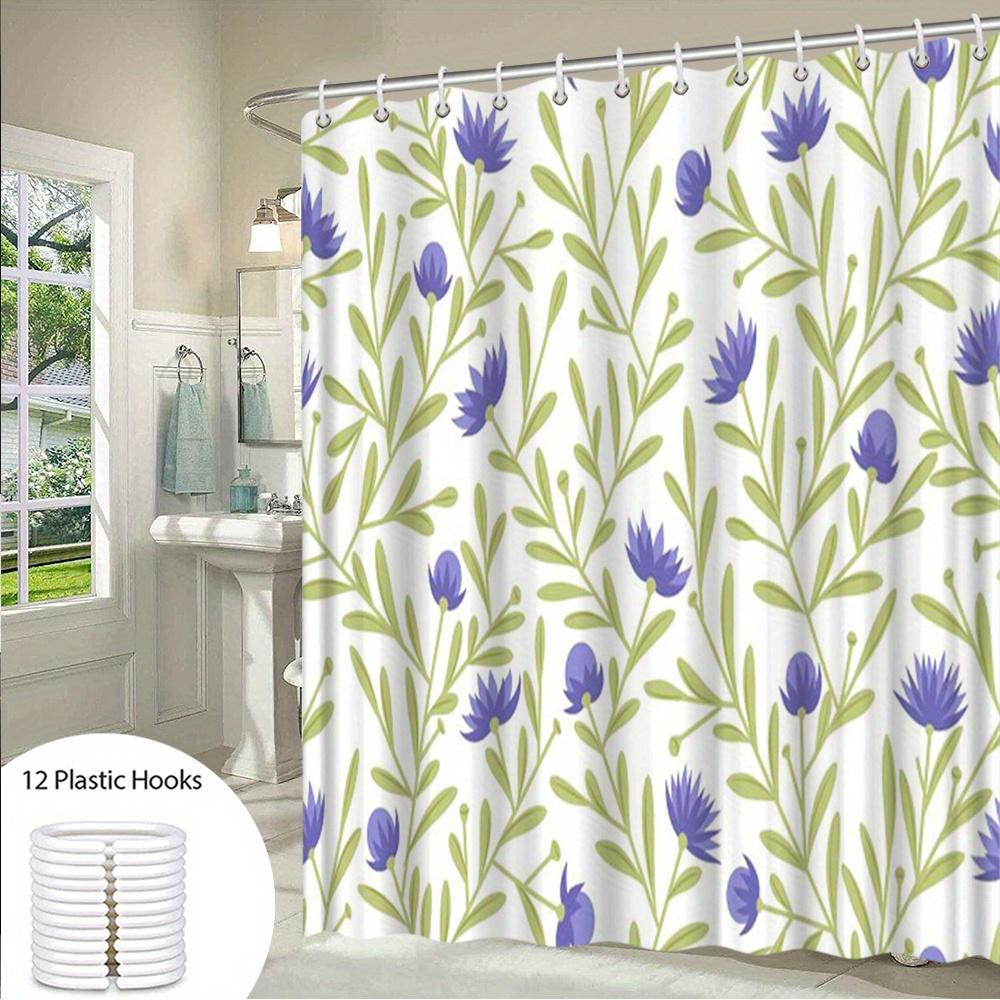 Elegant Floral Shower Curtain - Purple Flowers & Light Green Leaves on White, Minimalist Botanical Design, Washable