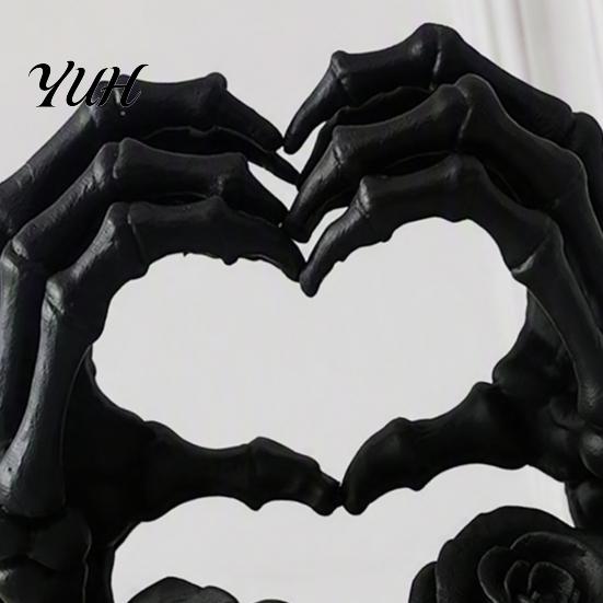 Spooky Tabletop Figurines 3D Printed Heart Shape Skeleton Hand Ornament, Gothic Rose Skull Statue Dark Home Aesthetic Accessories for Decor,