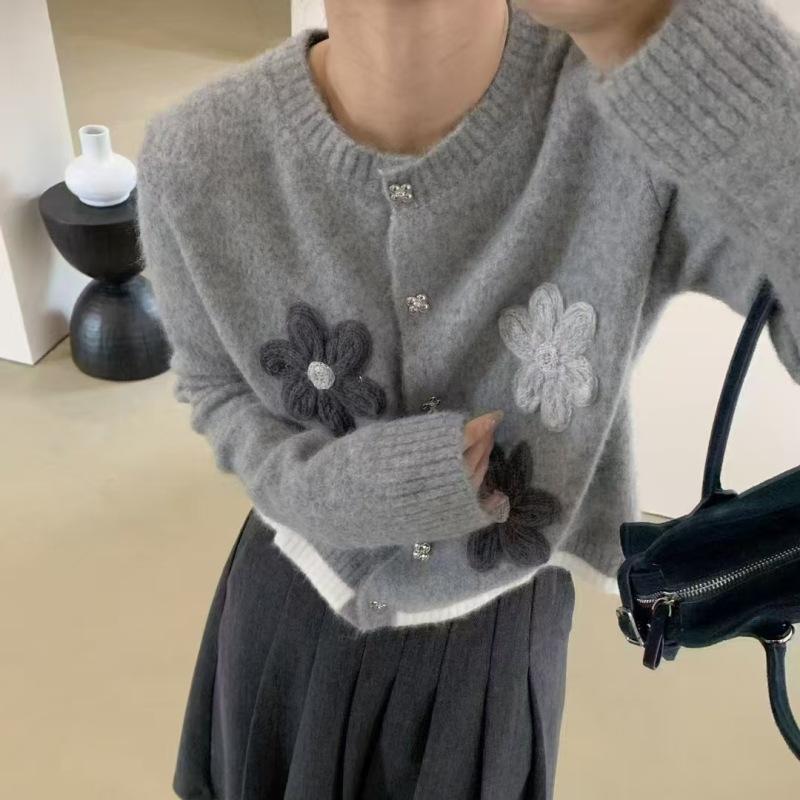 

Осень зима Цветные блоки 3D цветочные пальто харадзюку корейский кэжуал свободный универсальный вязаный свитер тонкий кардиган куртка женская One Size