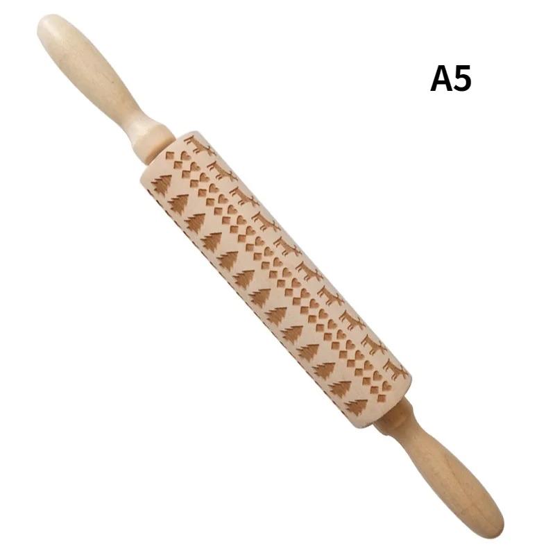 Christmas Elk Pattern Kitchen Supplies Rolling Pin Wooden Laser Carving Roller Embossed Rolling Pin Household Baking Small Tools