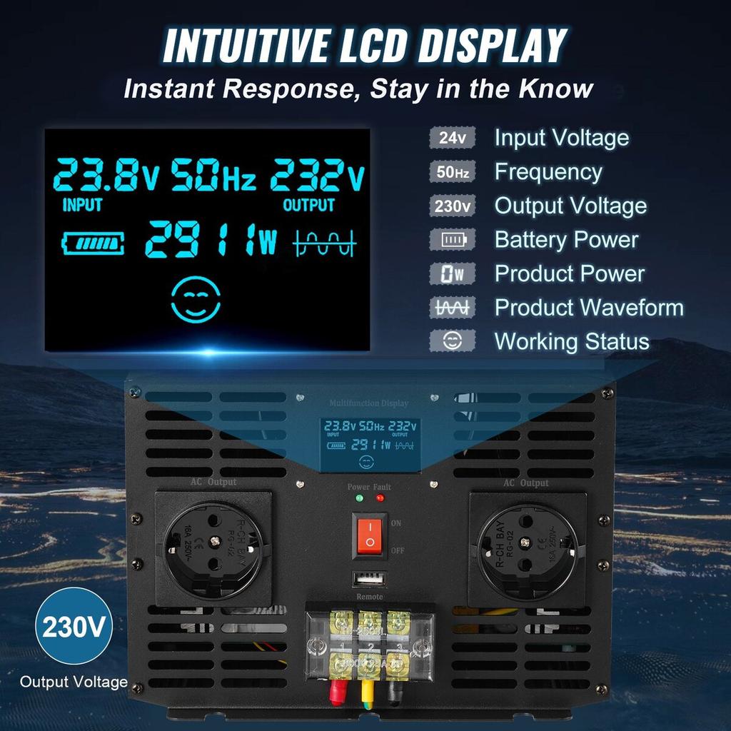 Pure Sine Wave Inverter Power Inverter 3000W DC24V To AC230V Inverter LCD