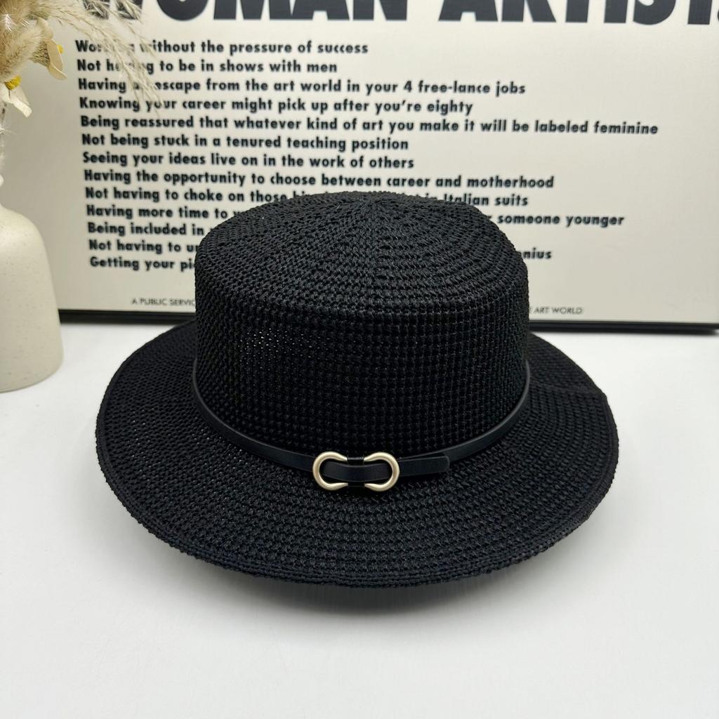 ins wind knitted Panama hat metal buckle belt decorative flat top top hat spring and summer sun protection breathable lady jazz hat