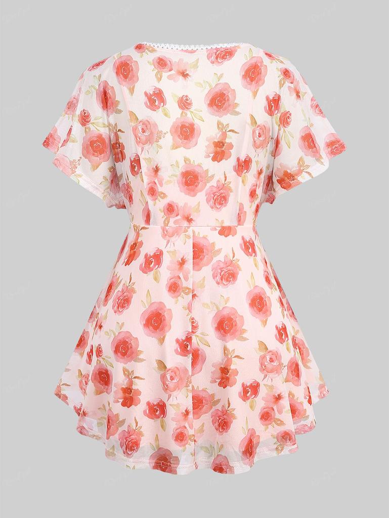 Rosegal Übergröße, Fledermausärmel, Rosenblütenblatt-Druck, Netzstoff, Herzkettendekor, gerüschtes Valentinstags-2-in-1-Top