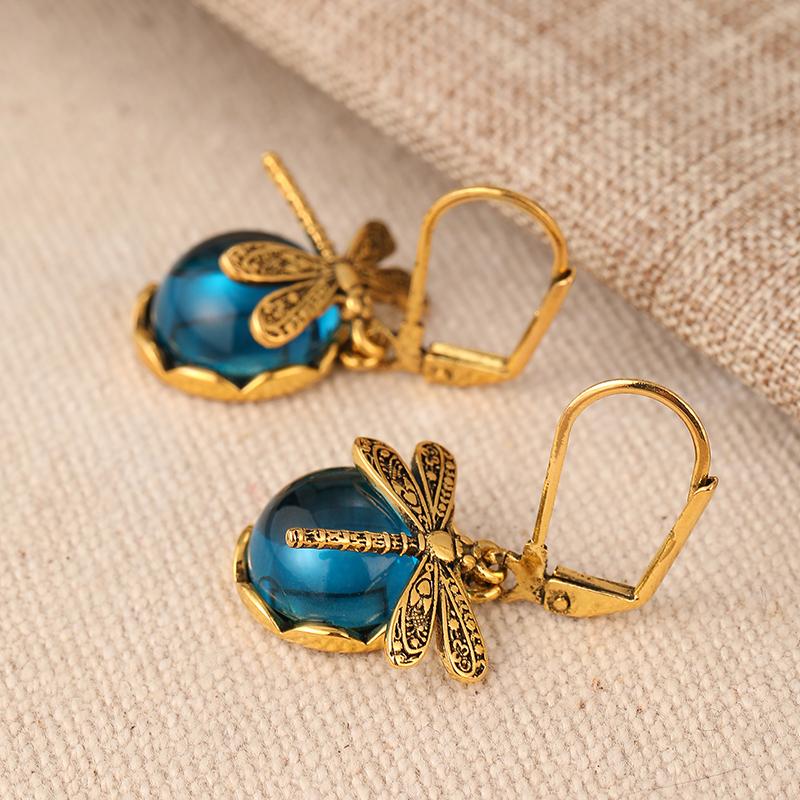 Vintage Hand Carved Dragonfly Pattern Synthetic Zirconia Dangle Earrings for Women  Exquisite Banquet Jewelry Accessories