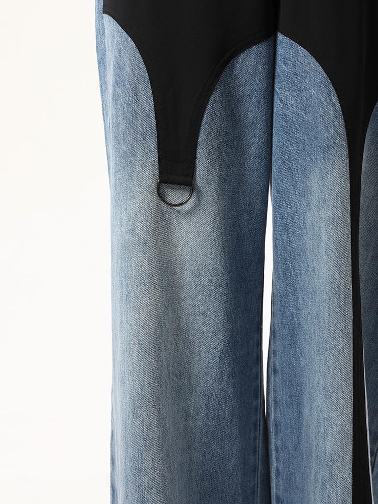 Herbst Europäischer Amerikanischer Stil Schwarz Blau Unregelmäßiger Patchwork Weiter Bein Laufsteg Jeans für Damen