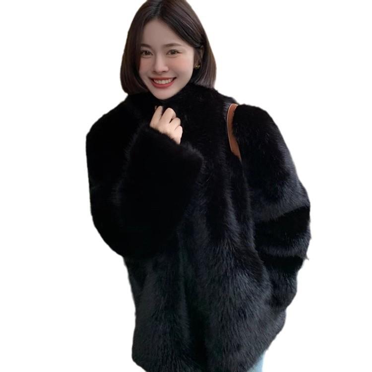 Imitation fox fur black fur coat women's winter new stand-up collar environmentally friendly fur fur high-end coat medium and long