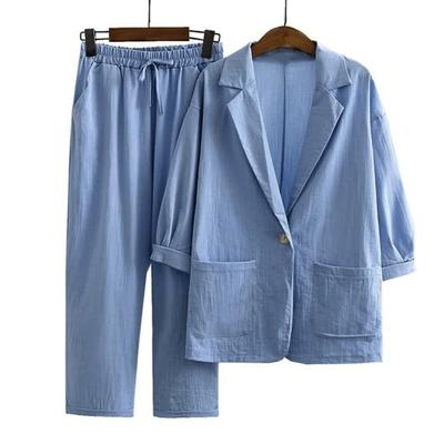 2-delige/set Dames Lente Herfst Casual Outfit Revers 3/4 Mouw Enkele Knoop Zakken Blazer Jas Elastische Tailleband Wijde Pijp Lange Broek Set