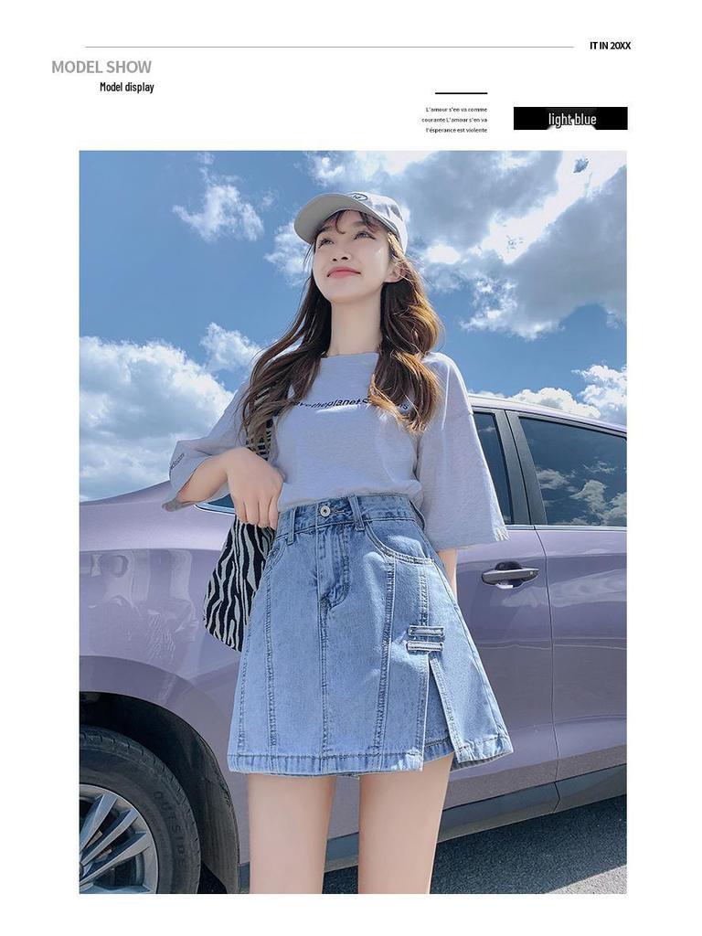 2024 Damen High Waist A-Linien Denim Skort: Schlankmachender Bodycon Minirock mit angenähten Shorts für den Sommer