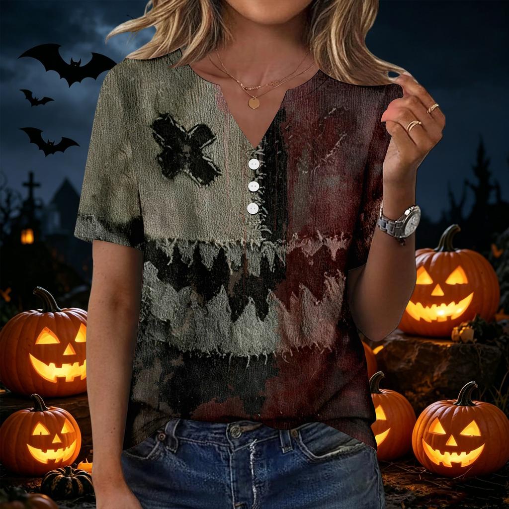 Women's Halloween Print Loose Fit V Neck Short Sleeve Top with Pocket Casual Shirt for Everyday Wear