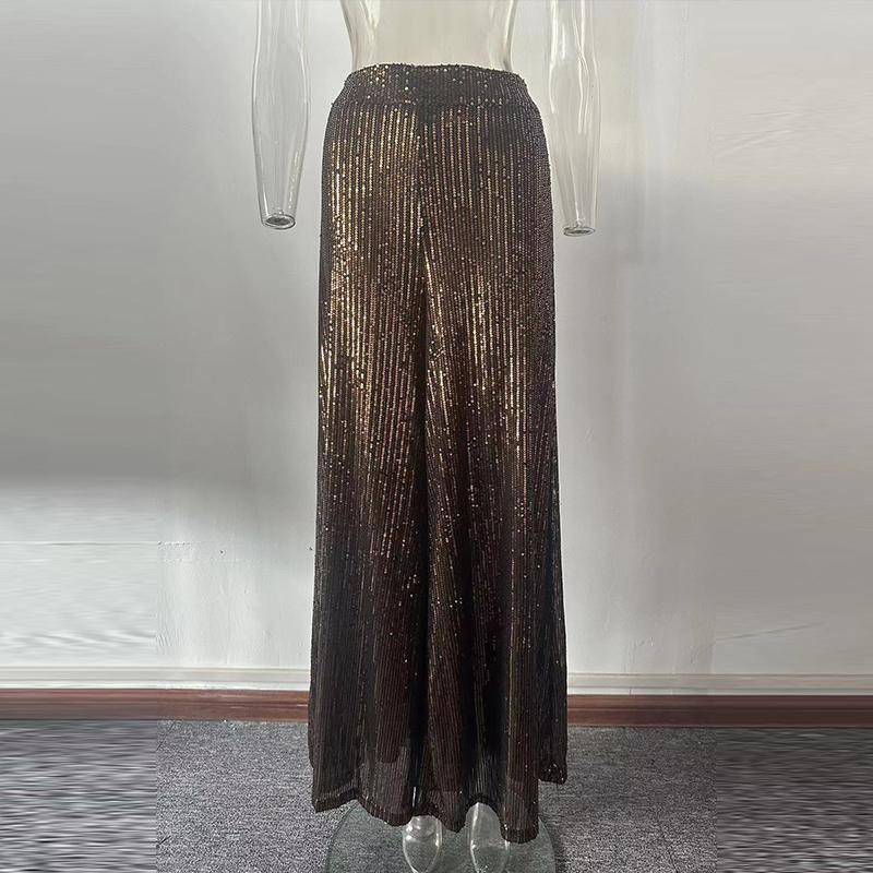 Elegant Shinny Sequin Long Pants Women Fashion High Waist Draped Loose Trousers Spring Autumn Casual Wide Leg Solid Color Party Pant