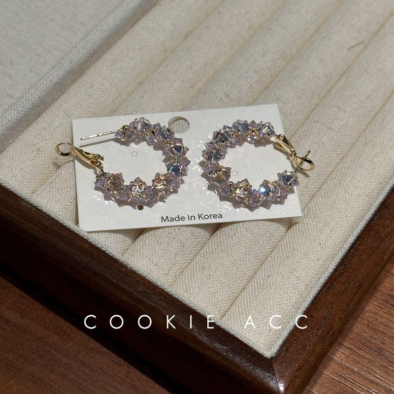 

Cookie Ornament South Korea Flash Crystal Hoop Earrings Square and round Face Small Accessible Luxury Fancy 925 Silver Needle White drill