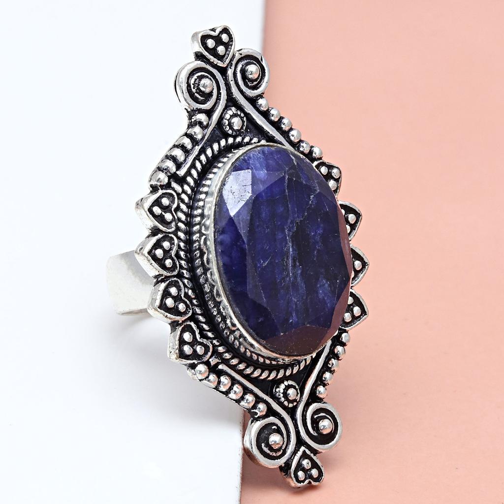 Blue Sapphire Gemstone Handmade Silver Jewelry  "7"