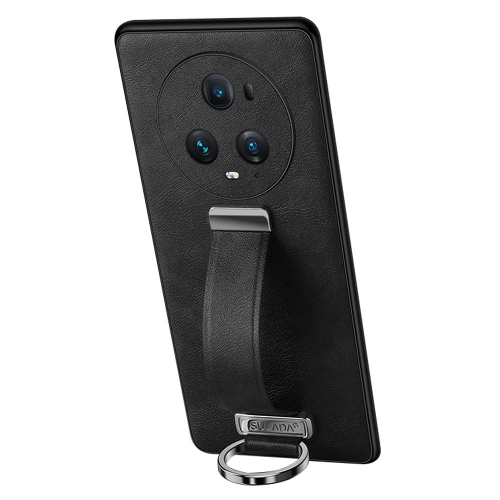 SULADA Fashion Series for Honor Magic5 Pro Crazy Horse Texture Leather Coated PC+TPU Cover Hand Strap Kickstand Phone Case