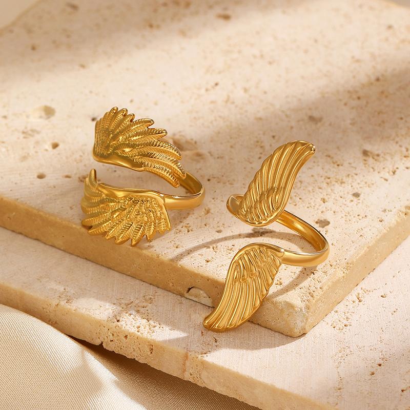 Minimalist 18K Gold Color Plated Angel Wings Peace Dove Wings Open Rings Trendy Waterproof Stainless Steel Jewelry