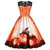 Fashion Halloween round Neck Lace Patchwork Pumpkin Cartoon Print Silm Sleeveless Swing Dress Female Dress