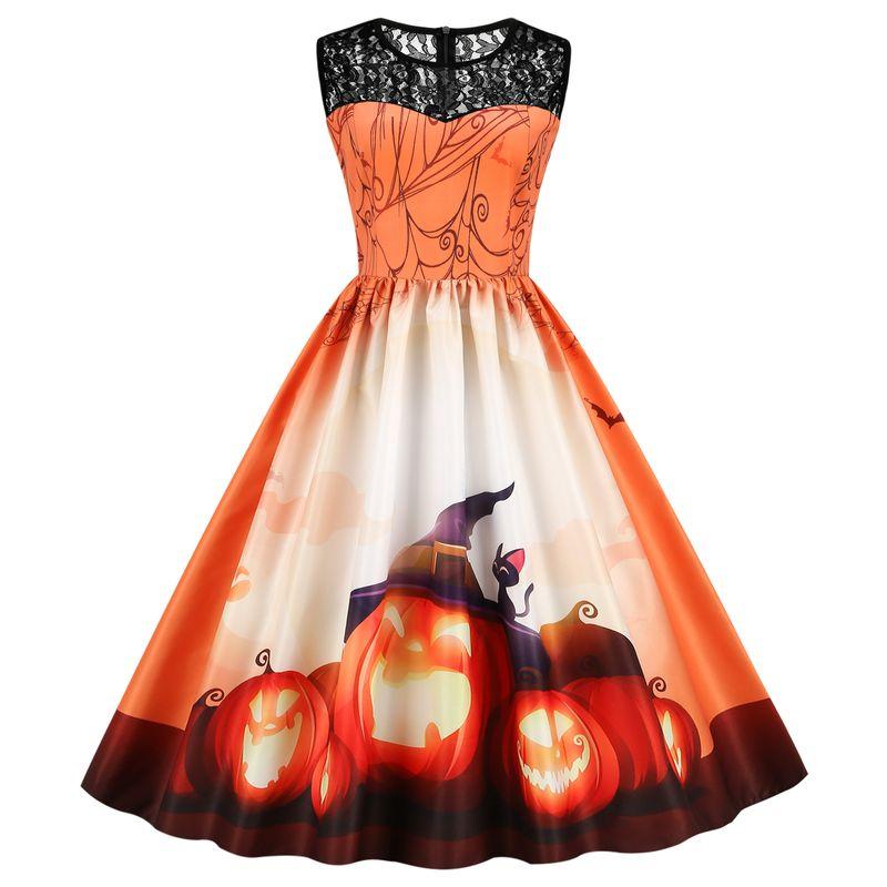 Fashion Halloween round Neck Lace Patchwork Pumpkin Cartoon Print Silm Sleeveless Swing Dress Female Dress