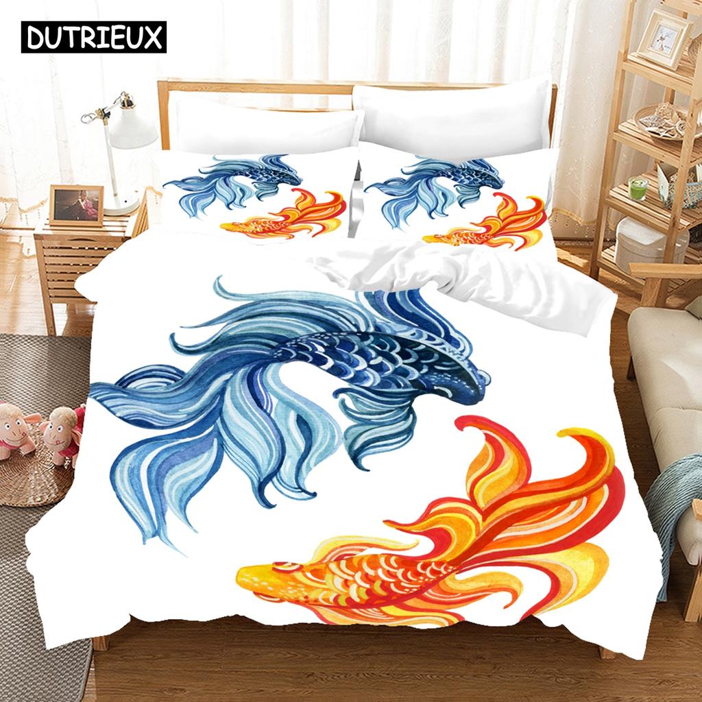 3D Printed Cartoon Fish Photo Chinoiserie Bedding Set Down Quilt Cover With Pillowcase Double Complete  King