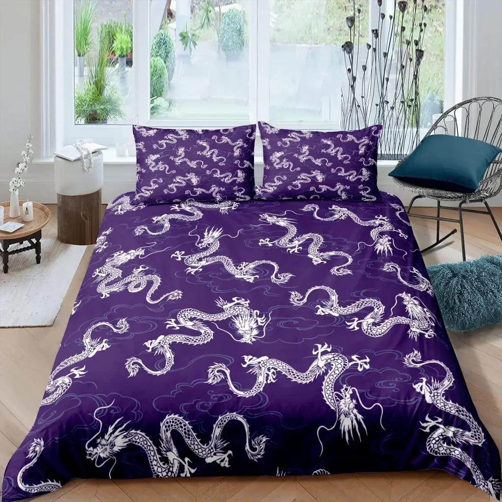 Magical Dinosaur Bedding Set Fire Dragon Duvet Cover Set Jungle Animals Pattern Wildlife Style King Size Polyester Quilt Cover