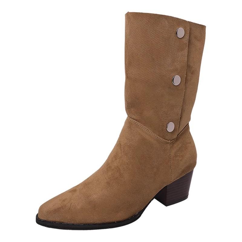 Small thick heel pleated western cowboy boots women's 2024 autumn new pointed suede short medium tube tall stacking boots