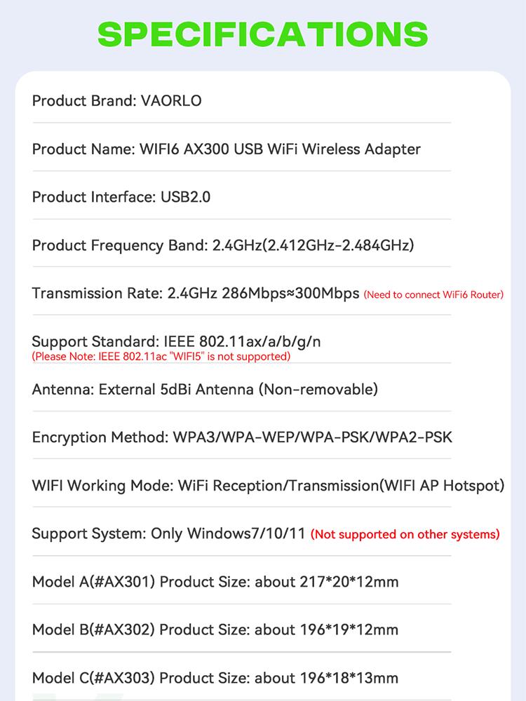 WIFI 6 USB Adapter AX300 Wireless Network Card Dongle 2.4GHz 802.11AX Antenna Signal Reception For Laptop Win7/10/11 Driver Free