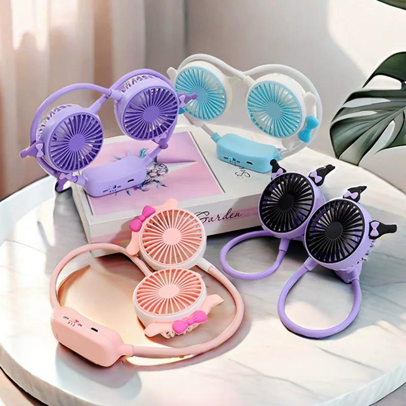 Trendy Foldable Portable Neck-Hanging Fan, Super Cute Cartoon Ears, Two-Speed USB Rechargeable Mini Fan