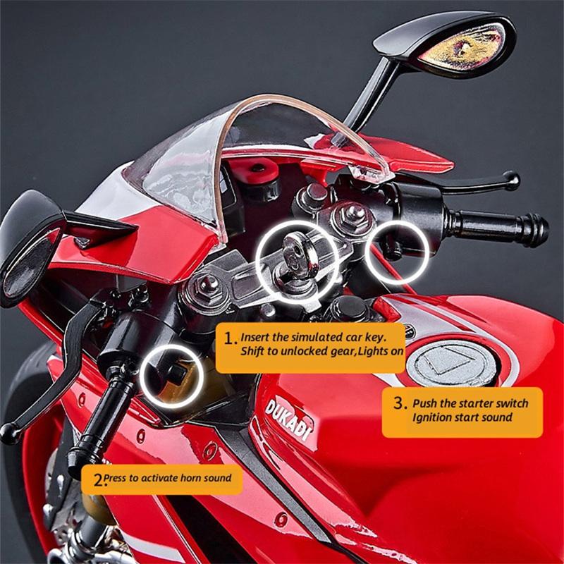1/9 Ducati 1199 Panigale Alloy Sports Motorcycle Model Diecast Track Racing Motorcycle Model with Spray Sound Light Kids Toys
