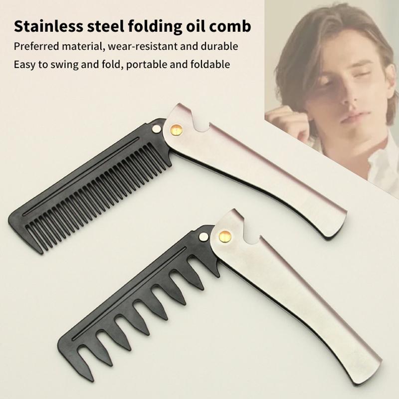 Men Retro Oil Head Comb Portable Folding Stainless Steel Comb Hairdressing Styling Round Teeth Comb Bottle Opener Dual Purpose