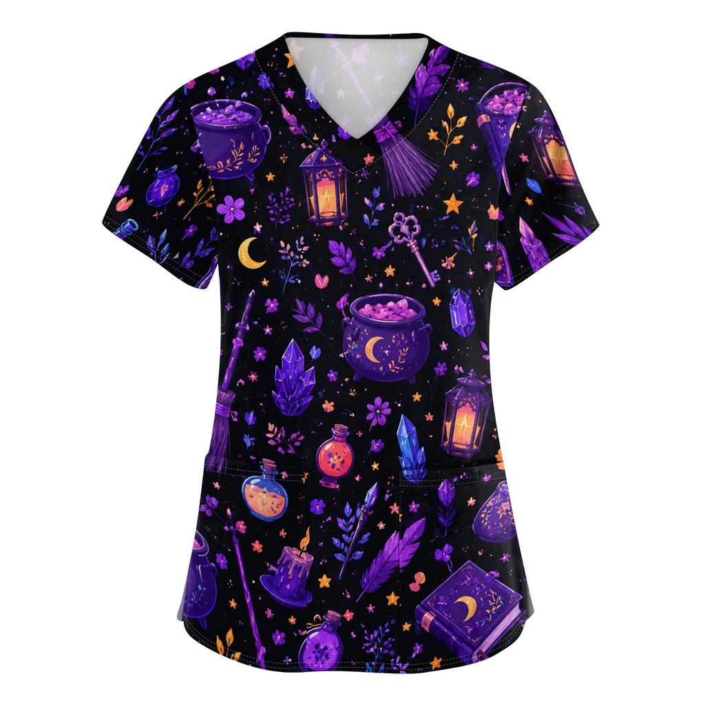 Women V Neck Halloween Print Short Sleeve Medical Scrub Top with Pocket Side Slit Design Comfortable Fit Workwear